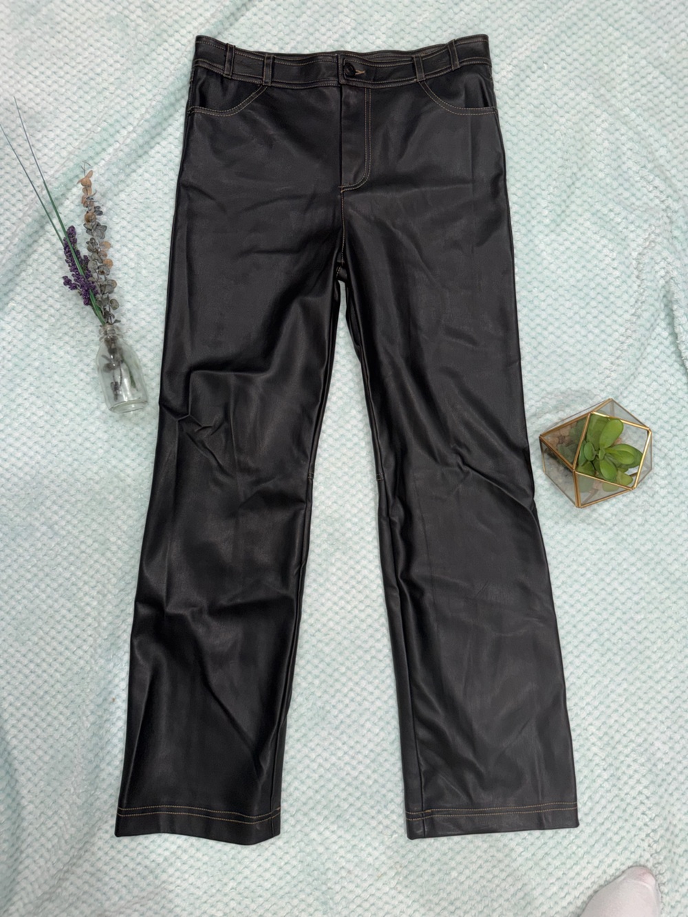 Black Faux Leather Straight-Leg Pants